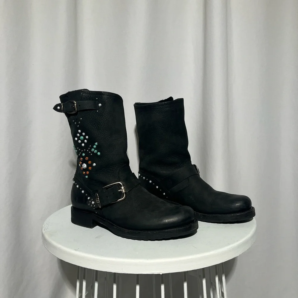 Frye Veronica Studded Stone Motorcycle Boots | 6 - Picture 3 of 14